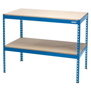 a blue draper garage work bench with single shelf and wooden worktop