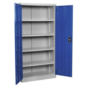 a robust grey and blue industrial storage cabinet with locking door