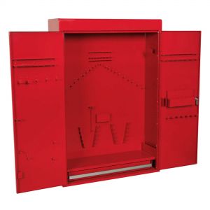 red, steel tool storage cabinet which can be wall mounted